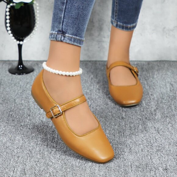 Camel Cushioned Insole Classic Mary Jane Ballet Flat Adjustable Ankle Strap - Picture 5 of 11